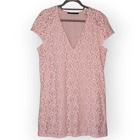Zara Women Blush Pink Lace Overlay Cap Sleeve Dress size 14 - Picture 1 of 8
